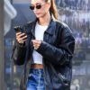 Hailey Bieber Oversized Black Leather Jacket