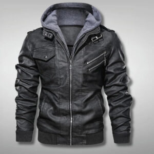 Black Hooded Real Leather Jacket