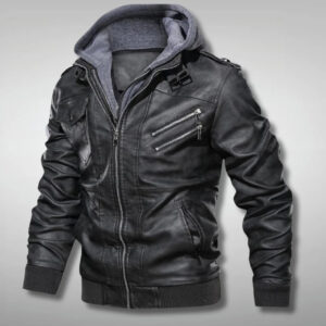 Mens Biker Hooded Real Leather Jacket