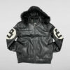 Unisex 8 Ball Black Bomber Hooded Leather Jacket
