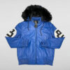 Unisex 8 Ball Blue Bomber Hooded Leather Jacket