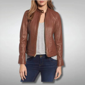 Women Biker Style Brown Leather Jacket