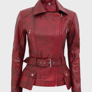 Burgundy distressed motorcycle jacket