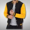 Black and Yellow Leather Sleeves Bomber Varsity Jacket