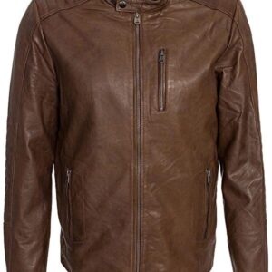 Mens Waxed Sheepskin Fashion Leather Jacket Brown