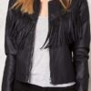 Womens Western Style Black Leather Fringe Jacket