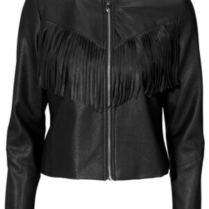 Womens Western Style Fashion Leather Jacket Black with Fringe