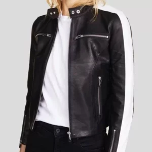Womens Zipper Pockets Striped Leather Jacket