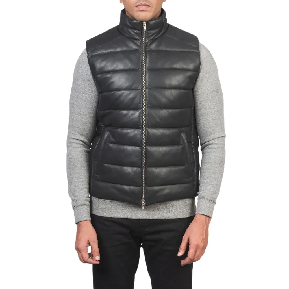 Black Leather Puffer Vest - Image 3